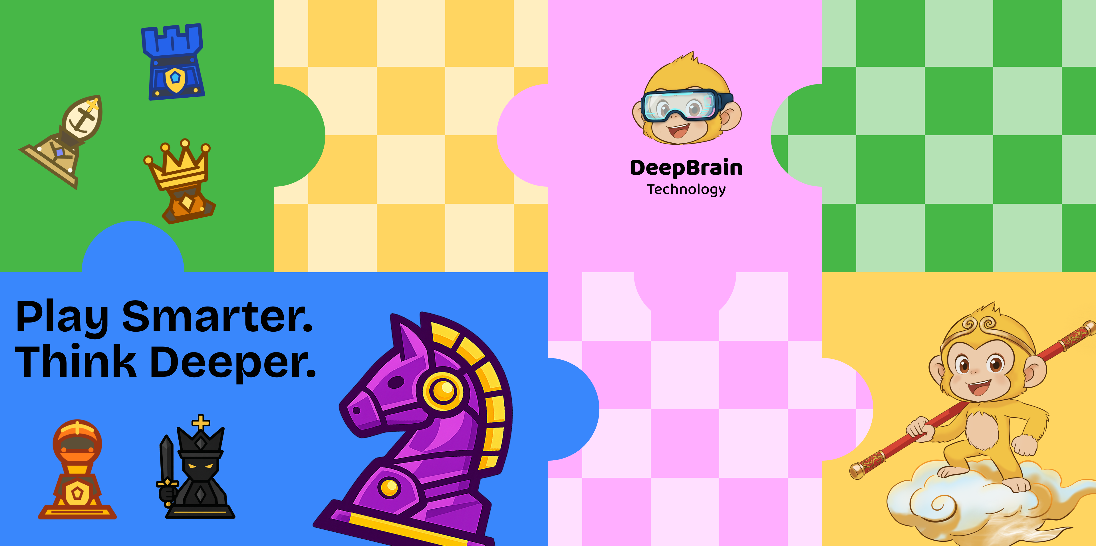 Colorful DeepBrain game pieces and game board collage